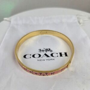 Coach Gold Tone Pink Orange Enamel Logo Hinge Bangle Bracelet with Dust Bag